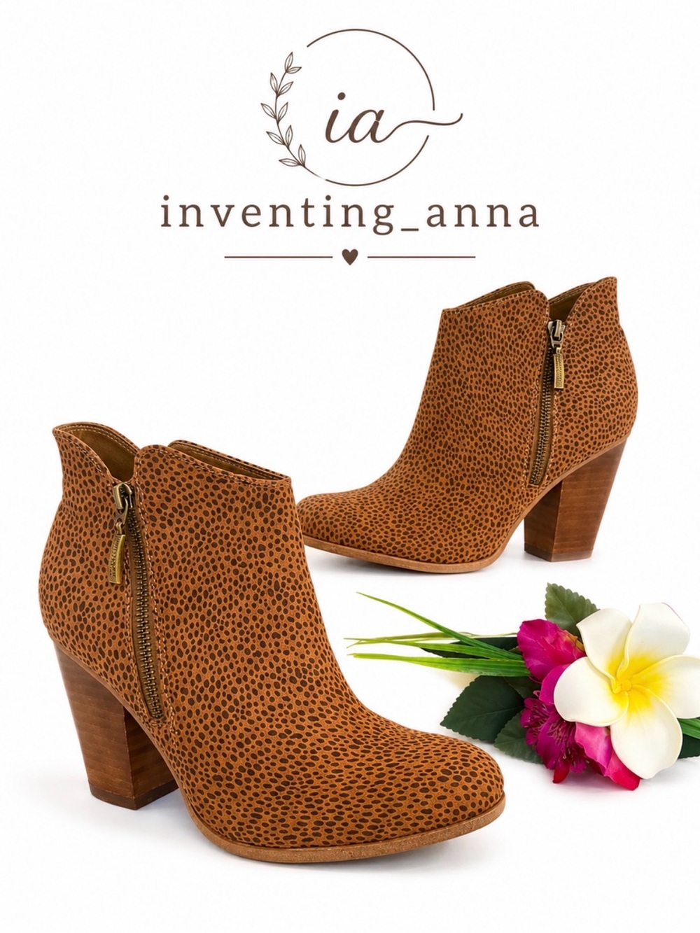 Michael Shannon Brown Spotted Faux Suede Booties Block Heel Size 7.5